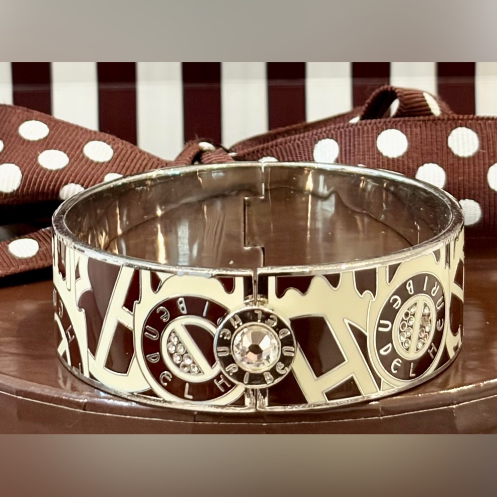 HENRI BENDEL Cream and Brown Enamel Logo Bangle Cuff w/Gold Accents & Crystals - Picture 2 of 16